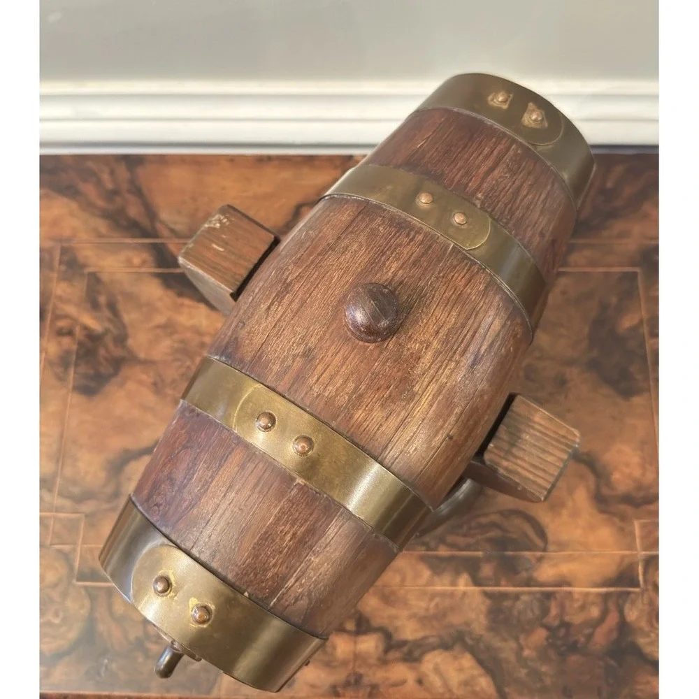 Handmade Spain Wood Barrel Cask w/ Brass Bands & Spigot on Stand‎ Vintage